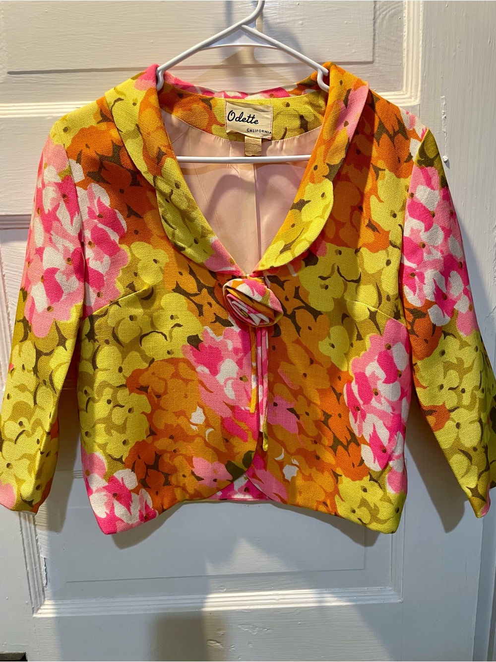 Vintage 1960’s Odette Floral Cropped Jacket in Yellow & Pink, Size 8